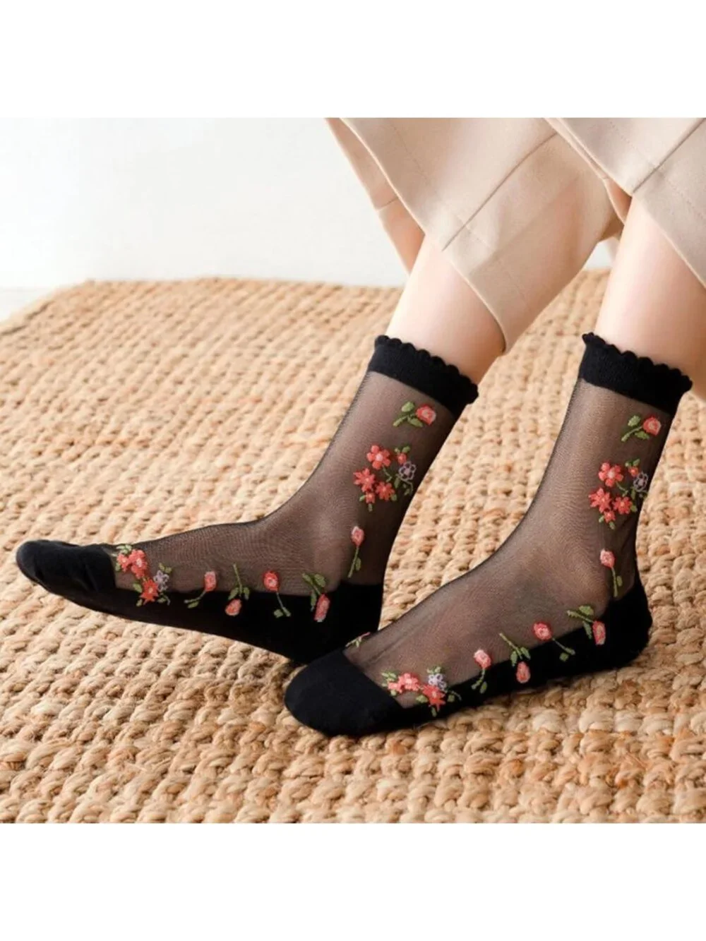 Sheer Mesh Transparent Ankle Socks for Women - Ultra-Thin Lace Fishnet Floral